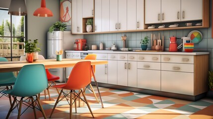 A mid-century modern kitchen with iconic Eames chairs and geometric patterns