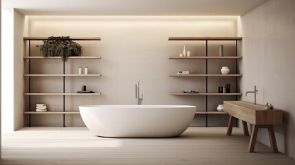 A minimalist bathroom with a freestanding tub and recessed shelving - obrazy, fototapety, plakaty