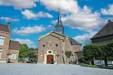 Stevensweert (Limburg), Netherlands - August 30. 2023: St. Stephanus church at market square of dutch village