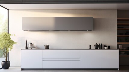 A minimalist kitchen with a floating range hood and hidden appliances