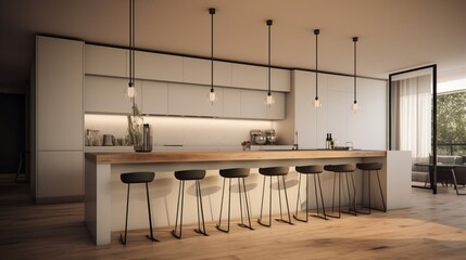 A minimalist kitchen with a floating breakfast bar and pendant lights