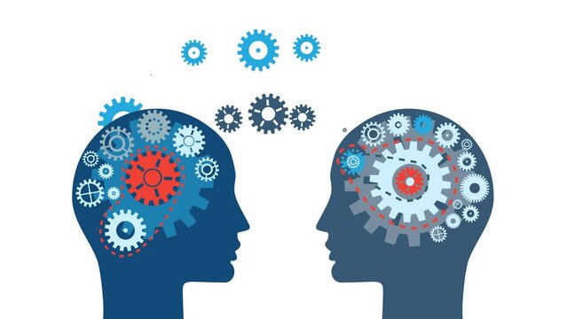 Communication concept. Human two heads with gears. Artificial intelligence. White background