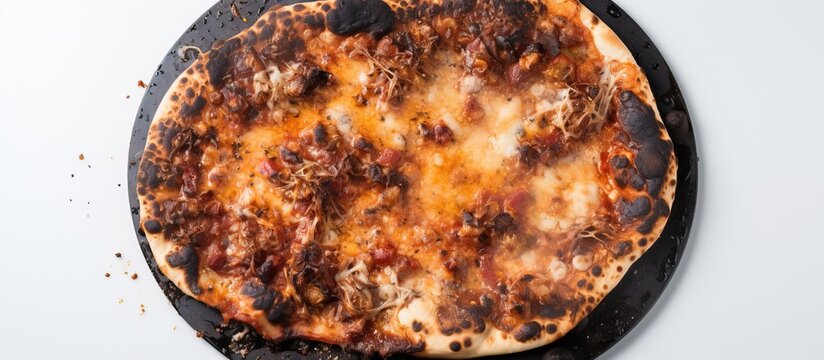 Burnt homemade pizza on a tray viewed from above