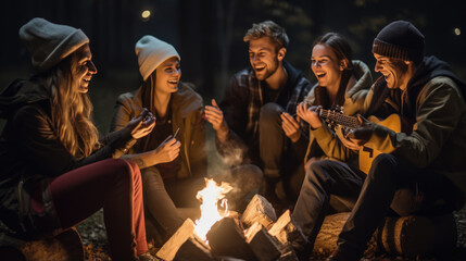 Group of friends plays guitar and relaxing around a campfire outdoors - obrazy, fototapety, plakaty