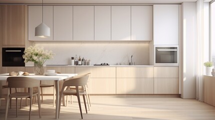 A minimalist Scandinavian kitchen with white cabinetry and light wood accents