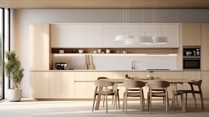 Fototapeta na wymiar A minimalist Scandinavian kitchen with white cabinets and light wood tones