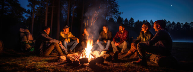 Group of friends plays guitar and relaxing around a campfire outdoors - Powered by Adobe