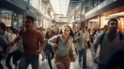 Frenzy Black Friday shoppers running inside shopping mall, crowd of people while shopping during seasonal sales. Diverse people customers rushing for bargains, hunting for discounts - obrazy, fototapety, plakaty