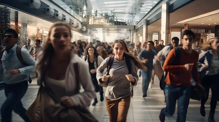 Foto op Canvas Frenzy Black Friday shoppers running inside shopping mall, crowd of people while shopping during seasonal sales. Diverse people customers rushing for bargains, hunting for discounts © petrrgoskov