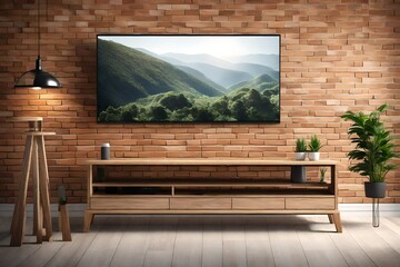 Living room led tv on brick wall with wooden table and plant in  empty interior