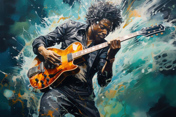 African american man playing the electric guitar on a grunge background. Generative AI. - obrazy, fototapety, plakaty