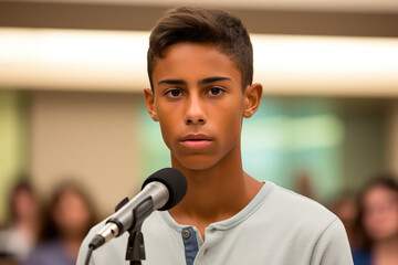 Young Hispanic man speaking into a microphone to a school audience - obrazy, fototapety, plakaty
