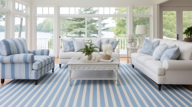 a coastal striped carpet, featuring serene blue and white stripes reminiscent of beachfront homes and seaside getaways
