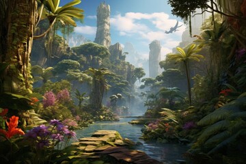 Fototapeta na wymiar Fantasy landscape with a pond in the jungle. Generative AI.