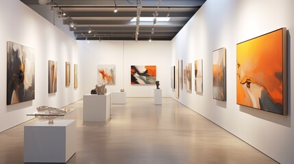 a contemporary art gallery with minimalist decor and striking artworks, providing a space for creativity and inspiration