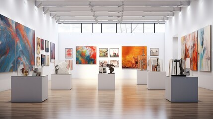 a contemporary art gallery with minimalist decor and striking artworks, providing a space for creativity and inspiration