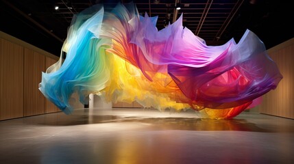 a contemporary art installation that explores the interplay of colors, materials, and light in a thought-provoking way
