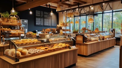 a contemporary bakery with delectable pastries and charming decor, enticing customers with the aroma of freshly baked goods