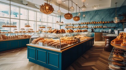 a contemporary bakery with delectable pastries and charming decor, enticing customers with the aroma of freshly baked goods - obrazy, fototapety, plakaty