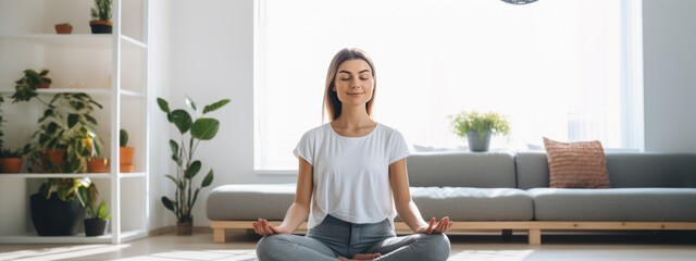 Young woman practicing lotus asana at home while meditating and smiling - obrazy, fototapety, plakaty