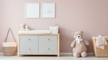 Cozy interior of children room in pastel light colors. Swaddling dresser, children's toys, cute pretty room for baby. 