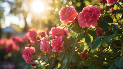 Magnificent view of pink roses under the soft morning sun.