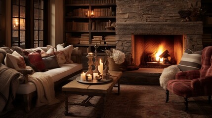 a cozy fireplace nook with rich, warm textiles and plush seating, perfect for chilly evenings and relaxation - obrazy, fototapety, plakaty