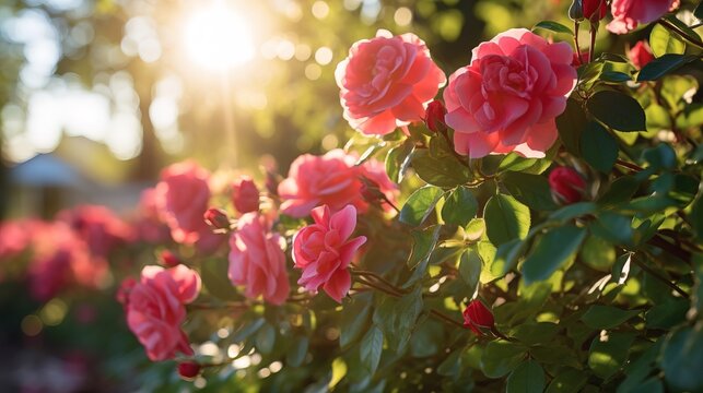 Magnificent view of pink roses under the soft morning sun.