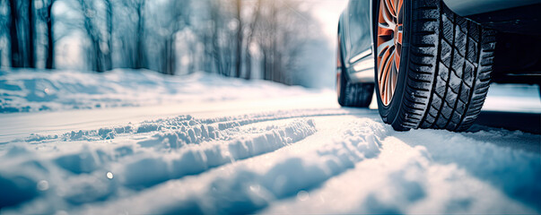 Closeup of car tires in winter on the road covered with snow	
 - obrazy, fototapety, plakaty