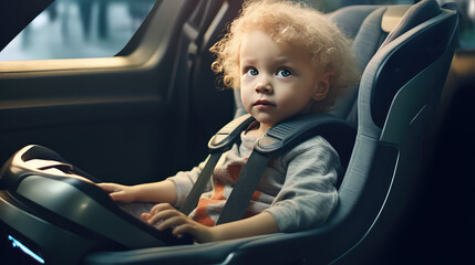 Portrait of a child sitting in a car in a modern child safety seat. Concept of child safety in a car, seat belt. - obrazy, fototapety, plakaty