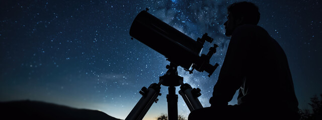Male astronomer looks at the night sky through a telescope - obrazy, fototapety, plakaty