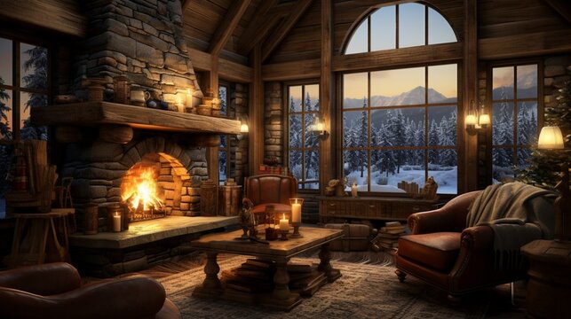 a cozy winter cabin interior with a roaring fireplace and rustic furnishings, where snowy landscapes meet warmth and comfort