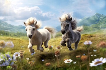 Horses run through beautiful flower meadows. Animal pony horse background AI Generated