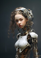 closeup woman robot suit headpiece popular anorexic figure android heroine girl portrait japanese teen desire young asian - obrazy, fototapety, plakaty