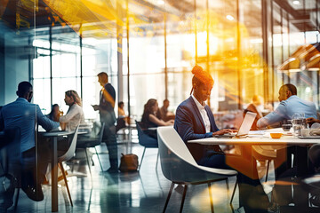 A busy corporate office with diverse professionals using technology, collaborating and discussing strategies for success.