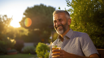 Man with a glass of alcoholic beverage during an outdoor party - obrazy, fototapety, plakaty