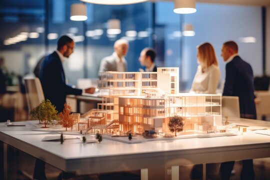 Architects and designers in an office, discussing a miniature architectural model of a modern urban building.