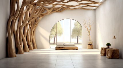 Rustic Entrance Hall with Stone Wall, Wooden Bench, and Tree Trunk Decor