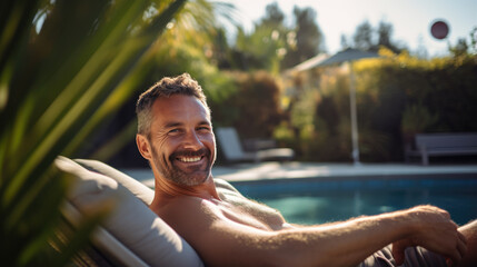 Smiling man relaxes at an expensive resort with a private pool in the background - obrazy, fototapety, plakaty
