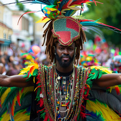 West London's Great Britain Kensington Notting Hill Colorful Feathers Caribbean Arts & Culture Carnival Music Performer Dancer Flamboyant Costume Mask Pride Parade August Bank Holiday Weekend J'Ouvert - obrazy, fototapety, plakaty