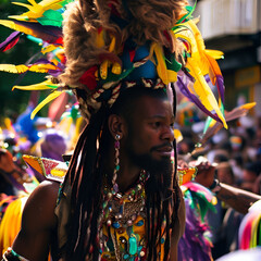 West London's Great Britain Kensington Notting Hill Colorful Feathers Caribbean Arts & Culture Carnival Music Performer Dancer Flamboyant Costume Mask Pride Parade August Bank Holiday Weekend J'Ouvert - obrazy, fototapety, plakaty