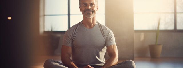 Relaxed man practicing lotus pose in yoga, meditating and smiling