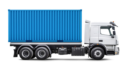 White truck with blue cargo container - obrazy, fototapety, plakaty