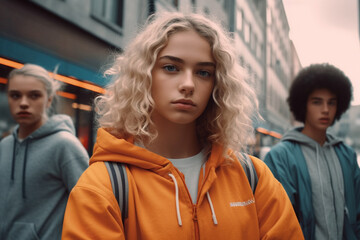 Portrait of stylish young teenager girl and other people on background at street of big west city