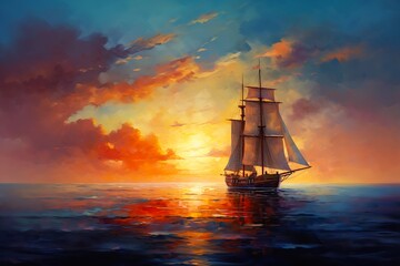 sailboat sailing ocean sunset oil deep surrounds ship swimming surface worthlessness sails masts rigging - obrazy, fototapety, plakaty