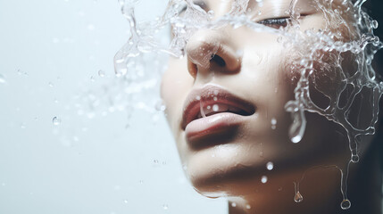Portrait of a female face in drops and splashes of clear water. Creative concept of moisturizing facial cosmetics, copy space. 