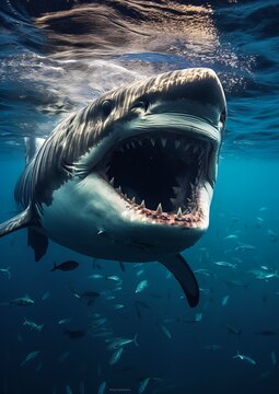 shark open mouth swimming ocean fish princess smiling color shallow perspective evil sneer pulitzer prized lens real life big mom charybdis danger