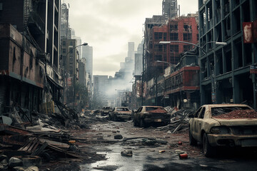 A destroyed city with ruined streets - obrazy, fototapety, plakaty