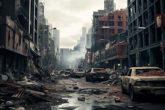A destroyed city with ruined streets