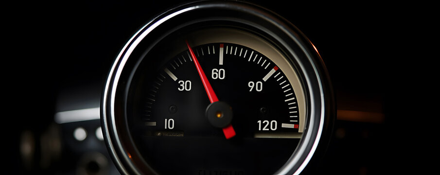 Speedometer on a panel of car or motorbike with a red pointer arrow of speed limit closeup.